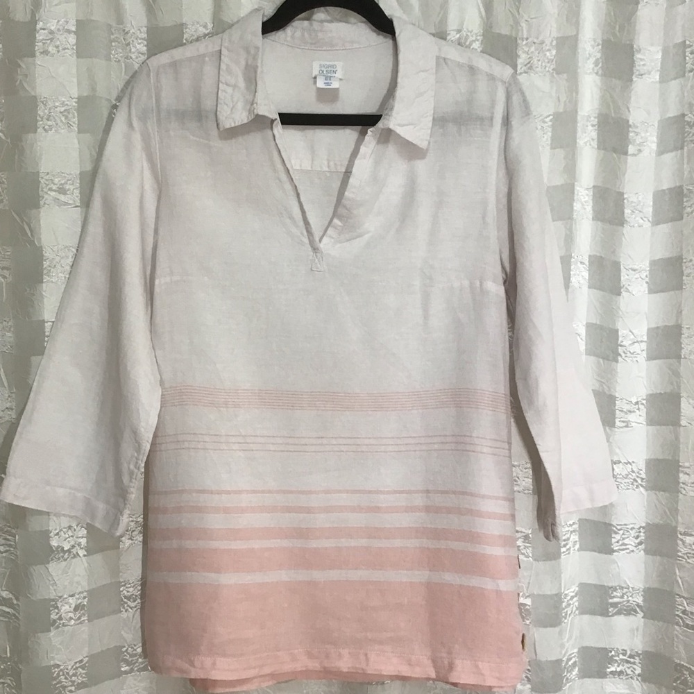 Sigrid Olsen 100% Linen Tunic, White & Shell Pink, Open Collared V-Neck